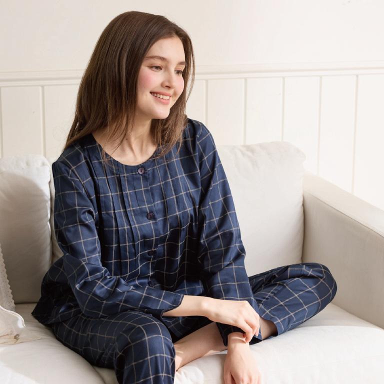 Rosemaid 羅絲美 - 輕鬆生活100%純棉全開釦長袖壓褶款衣褲裝睡衣【R2348】簡約藍