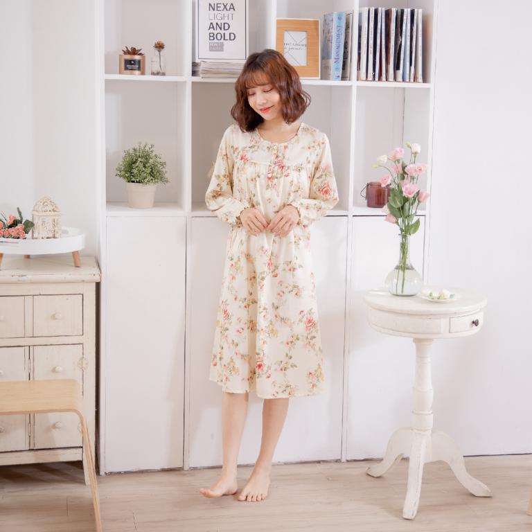 Rosemaid 羅絲美 - 繁花盛宴100%純棉長袖半開釦洋裝睡衣【R2322】淡蜜黃