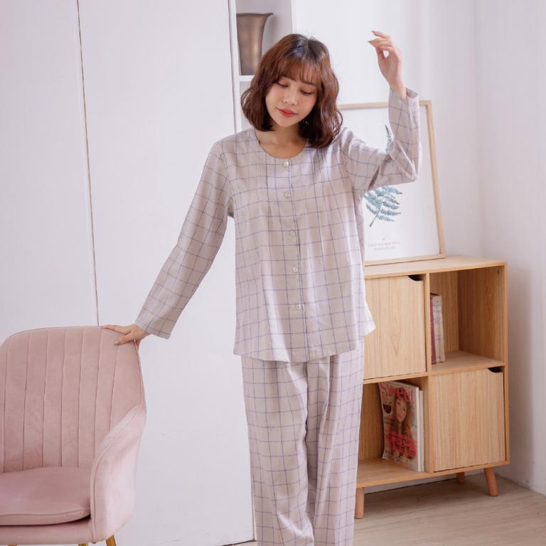 Rosemaid 羅絲美 - 輕鬆生活100%純棉全開釦長袖壓褶款衣褲裝睡衣【R2348】俐落灰