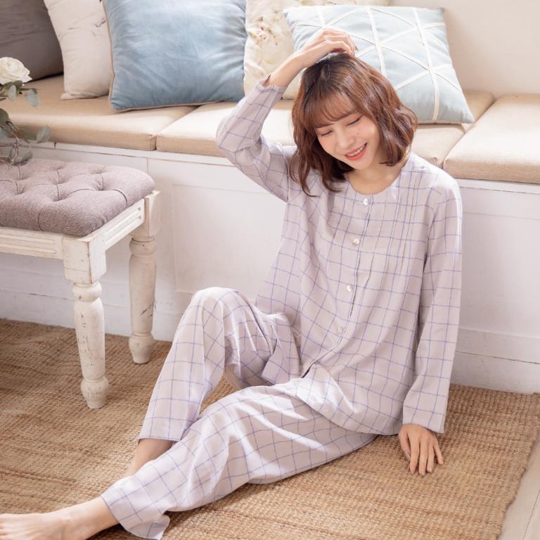 Rosemaid 羅絲美 - 輕鬆生活100%純棉全開釦長袖壓褶款衣褲裝睡衣【R2348】俐落灰