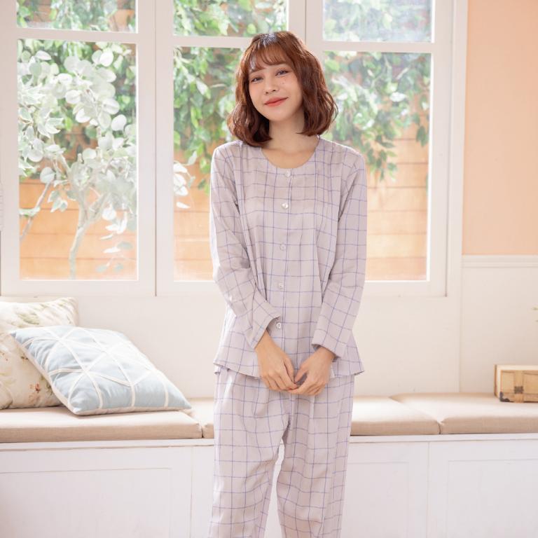 Rosemaid 羅絲美 - 輕鬆生活100%純棉全開釦長袖壓褶款衣褲裝睡衣【R2348】俐落灰
