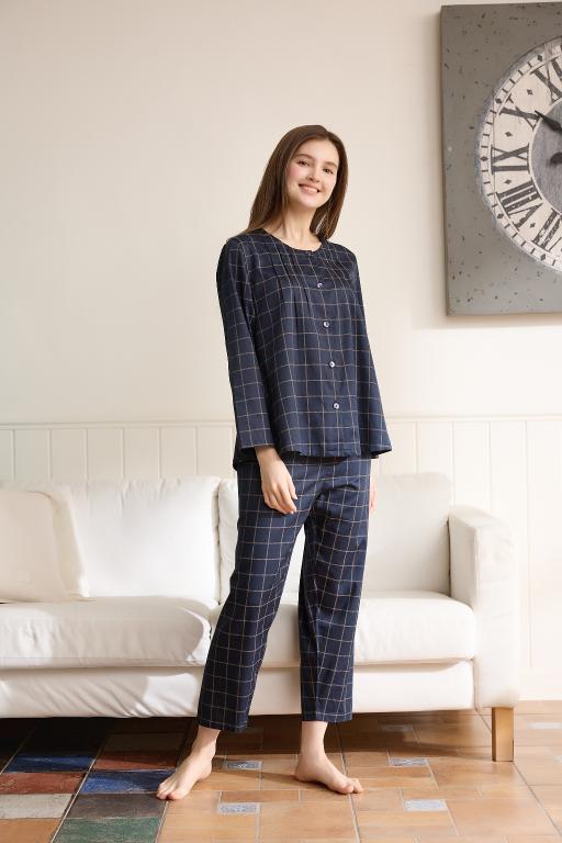 Rosemaid 羅絲美 - 輕鬆生活100%純棉全開釦長袖壓褶款衣褲裝睡衣【R2348】簡約藍