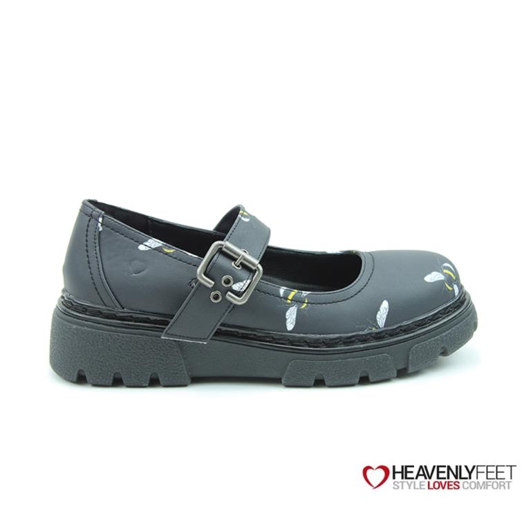 HEAVENLYFEET 英國舒適休閒女鞋 蜜蜂印花瑪莉珍單扣密鞋-BOSTON BEE黑色