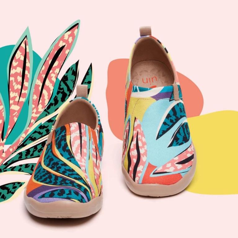 uin 西班牙原創設計 女鞋 帆布鞋 懶人鞋 葉紋彩繪休閒鞋W1010070
