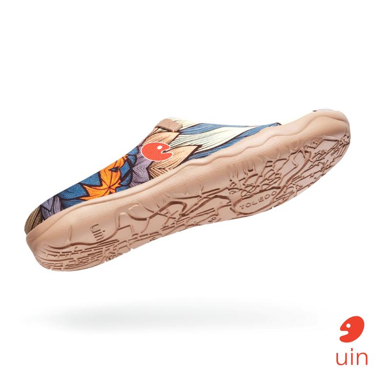 uin 西班牙原創設計 女鞋 帆布鞋 懶人鞋 半包鞋 半拖鞋 荷與蓮彩繪休閒鞋W1122487