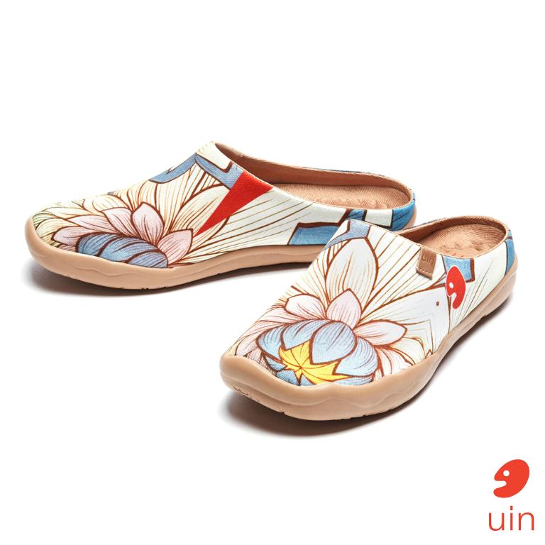 uin 西班牙原創設計 女鞋 帆布鞋 懶人鞋 半包鞋 半拖鞋 荷與蓮彩繪休閒鞋W1122487