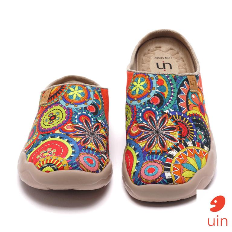 uin 西班牙原創設計 女鞋 帆布鞋 懶人鞋 半包鞋 半拖鞋 花花世界彩繪休閒鞋W0107068