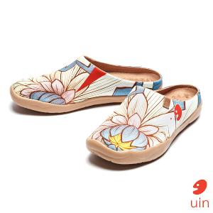 uin 西班牙原創設計 女鞋 帆布鞋 懶人鞋 半包鞋 半拖鞋 荷與蓮彩繪休閒鞋W1122487