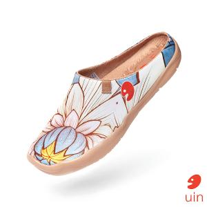 uin 西班牙原創設計 女鞋 帆布鞋 懶人鞋 半包鞋 半拖鞋 荷與蓮彩繪休閒鞋W1122487