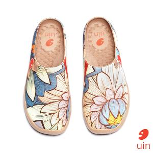 uin 西班牙原創設計 女鞋 帆布鞋 懶人鞋 半包鞋 半拖鞋 荷與蓮彩繪休閒鞋W1122487