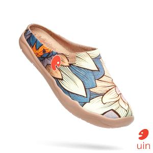 uin 西班牙原創設計 女鞋 帆布鞋 懶人鞋 半包鞋 半拖鞋 荷與蓮彩繪休閒鞋W1122487