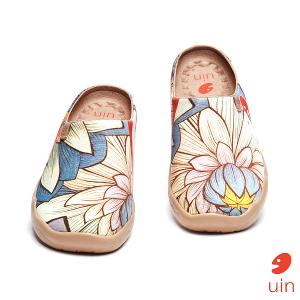 uin 西班牙原創設計 女鞋 帆布鞋 懶人鞋 半包鞋 半拖鞋 荷與蓮彩繪休閒鞋W1122487