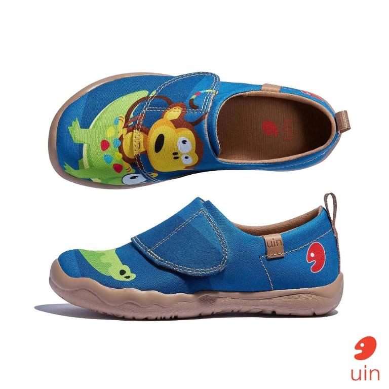 uin 西班牙原創設計 童鞋 黏帶 帆布鞋 猴子與鱷魚彩繪休閒鞋K1010052