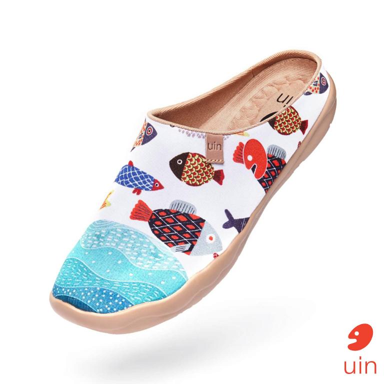 uin 西班牙原創設計 女鞋 半包鞋 半拖鞋 帆布鞋 懶人鞋 魚趣彩繪休閒鞋W1122521