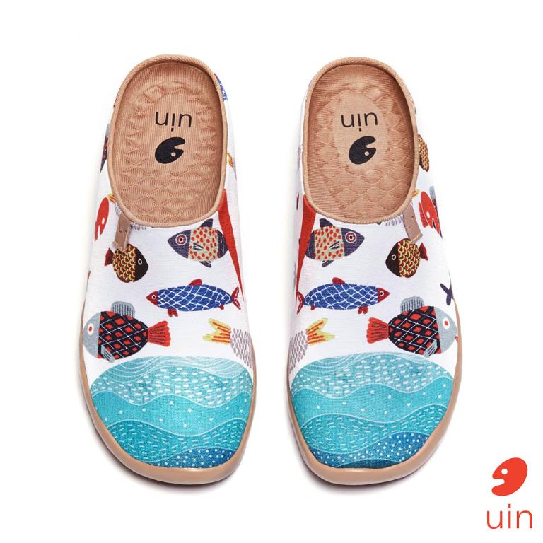uin 西班牙原創設計 女鞋 半包鞋 半拖鞋 帆布鞋 懶人鞋 魚趣彩繪休閒鞋W1122521