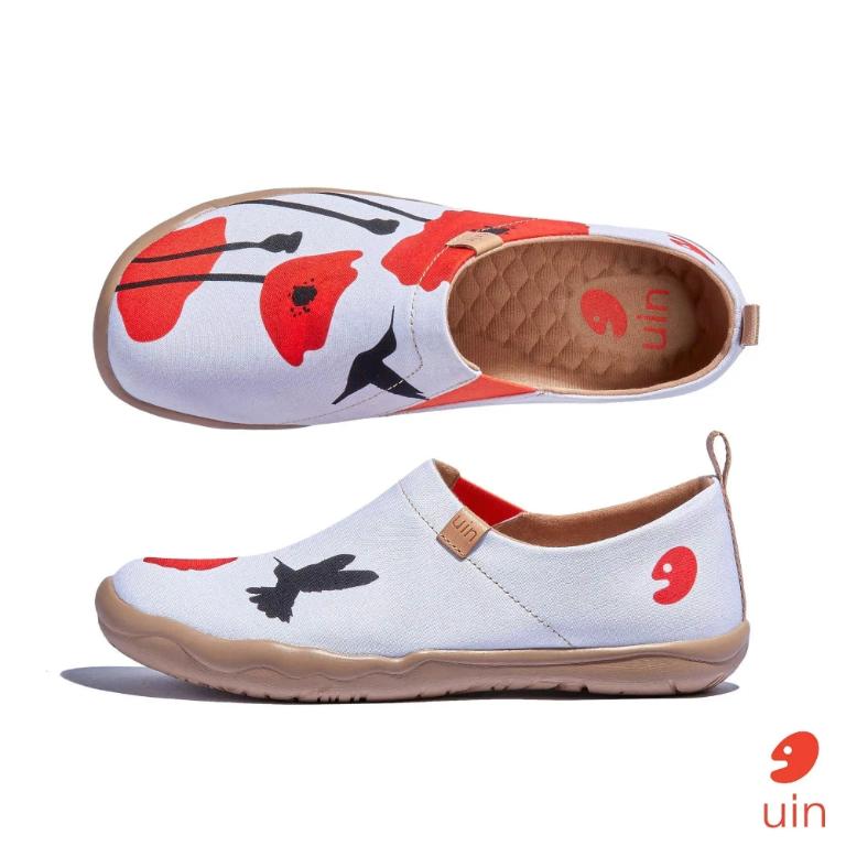 uin 西班牙原創設計 女鞋 帆布鞋 懶人鞋 蜂鳥紅花彩繪休閒鞋W1010607