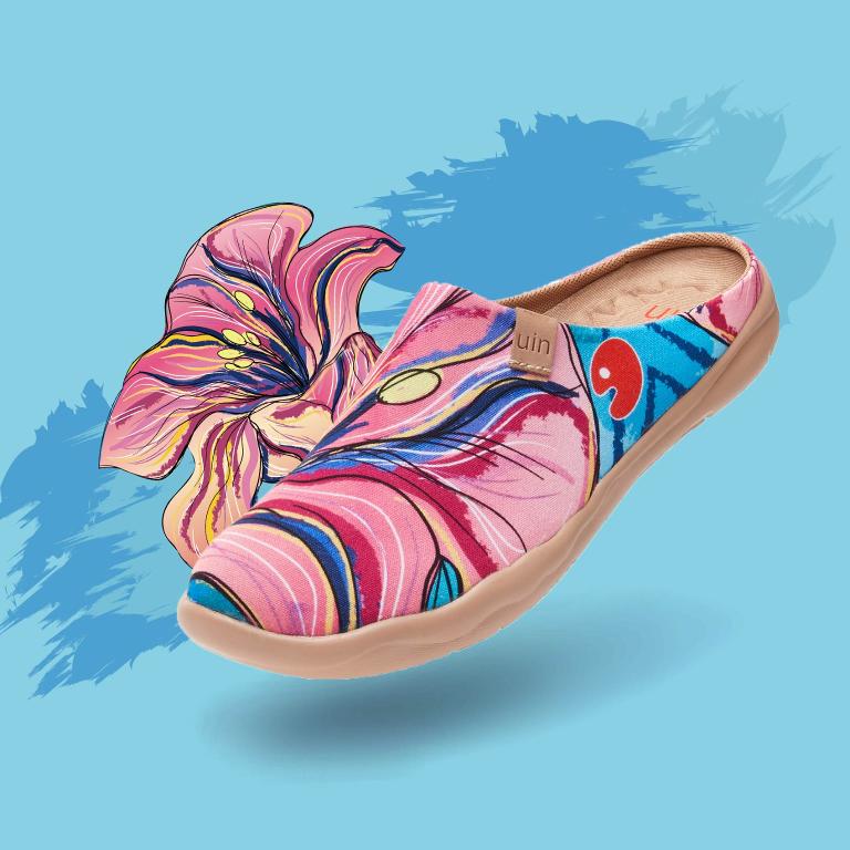 uin 西班牙原創設計 女鞋 帆布鞋 懶人鞋 半包鞋 半拖鞋 怒放百合2彩繪休閒鞋W1220175