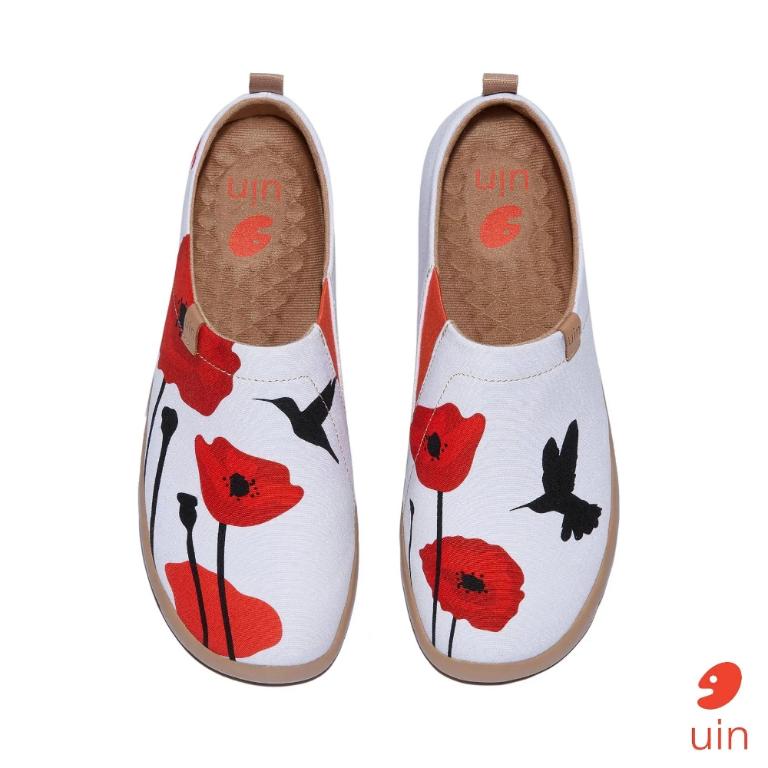 uin 西班牙原創設計 女鞋 帆布鞋 懶人鞋 蜂鳥紅花彩繪休閒鞋W1010607