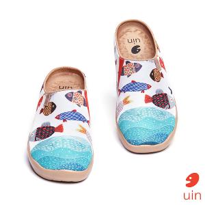 uin 西班牙原創設計 女鞋 半包鞋 半拖鞋 帆布鞋 懶人鞋 魚趣彩繪休閒鞋W1122521