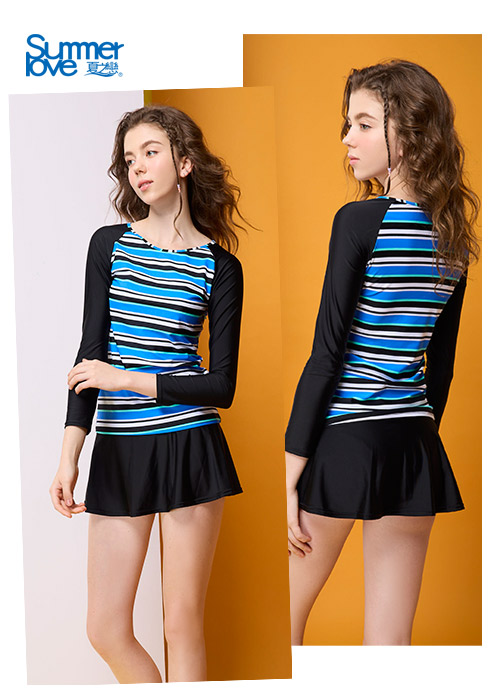 【Summer Love 夏之戀】加大碼長袖衝浪裝二件式(褲連裙)-S23724