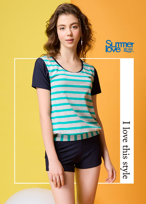 【Summer Love 夏之戀】大女短袖長版二件式泳衣-S23709