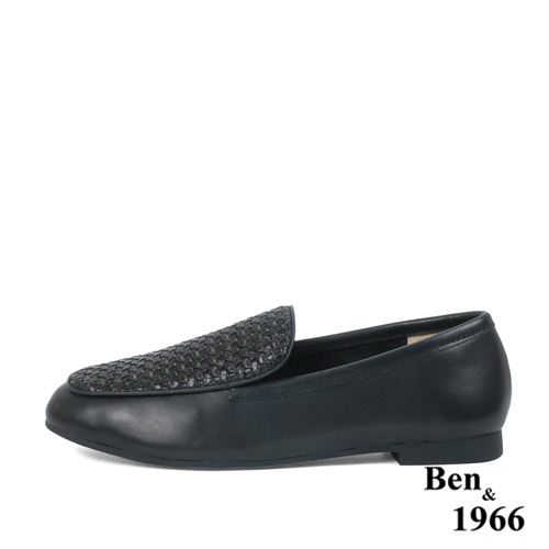 Ben&1966高級頭層牛皮質感編織樂福鞋-黑(236021)