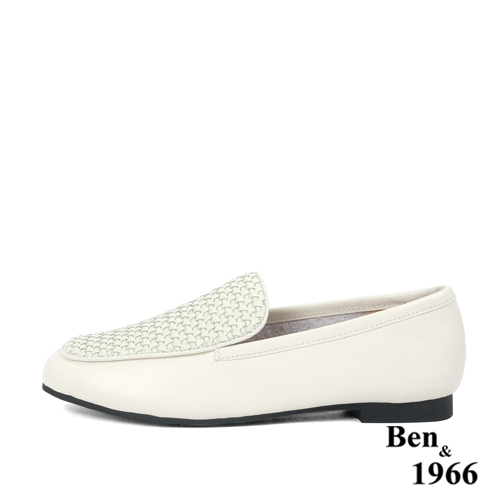 Ben&1966高級頭層牛皮質感編織樂福鞋-米白(236023)