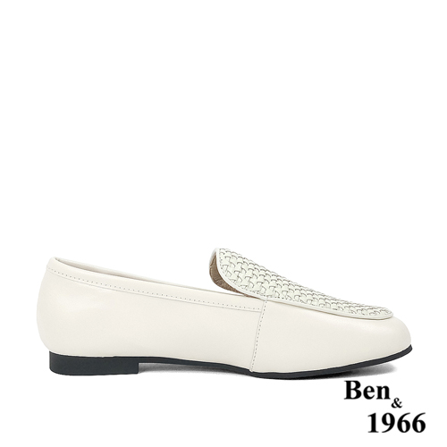 Ben&1966高級頭層牛皮質感編織樂福鞋-米白(236023)