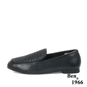 Ben&1966高級頭層牛皮質感編織樂福鞋-黑(236021)