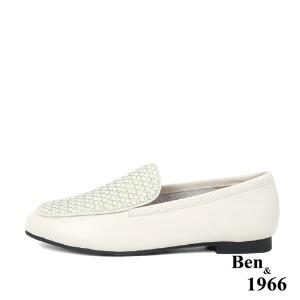 Ben&1966高級頭層牛皮質感編織樂福鞋-米白(236023)