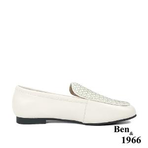 Ben&1966高級頭層牛皮質感編織樂福鞋-米白(236023)