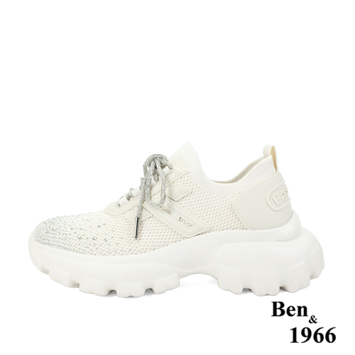 Ben&1966時髦燙鑽飛織布閃亮綁帶厚底休閒鞋-米白(236222)
