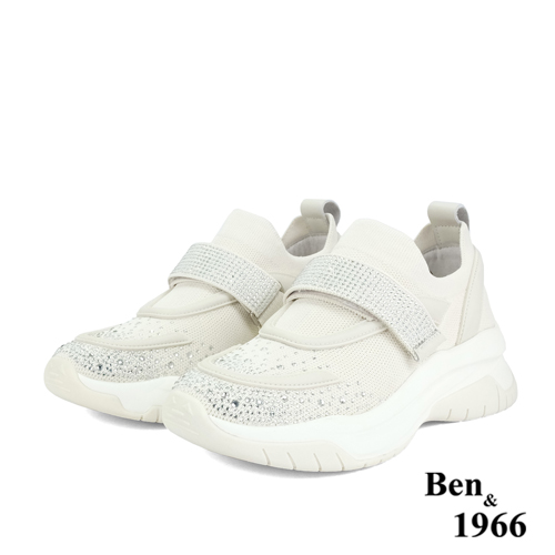 Ben&1966流行燙鑽飛織布厚底休閒鞋-米白(236212)