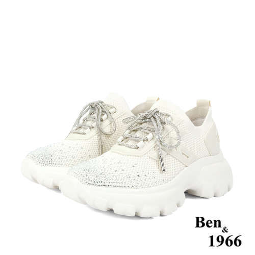 Ben&1966時髦燙鑽飛織布閃亮綁帶厚底休閒鞋-米白(236222)