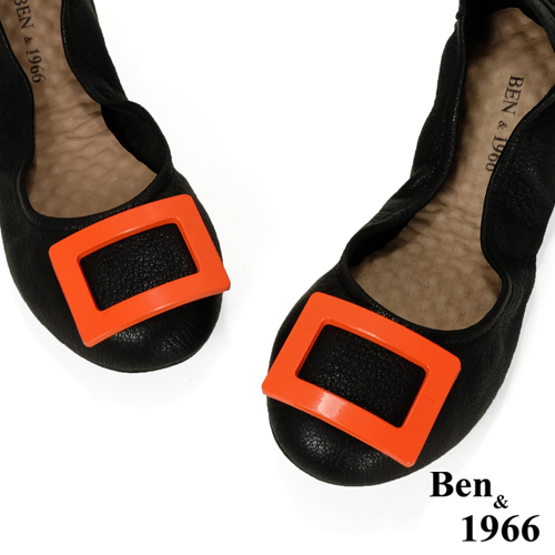 Ben&1966高級頭層水染羊皮經典方釦折疊鞋-黑(1360441)