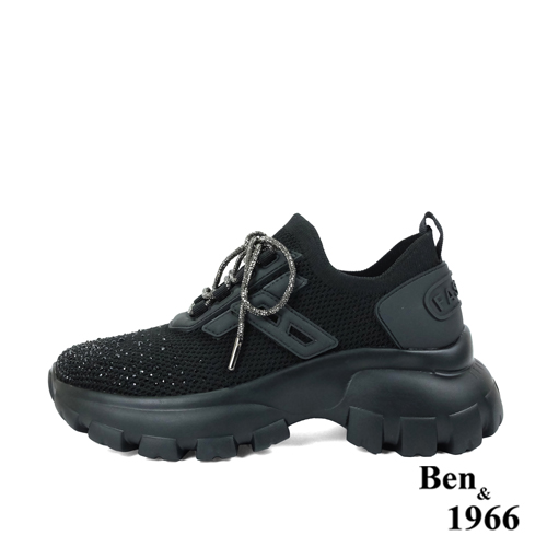 Ben&1966時髦燙鑽飛織布閃亮綁帶厚底休閒鞋-黑(236221)