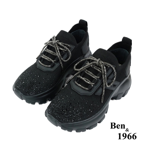Ben&1966時髦燙鑽飛織布閃亮綁帶厚底休閒鞋-黑(236221)