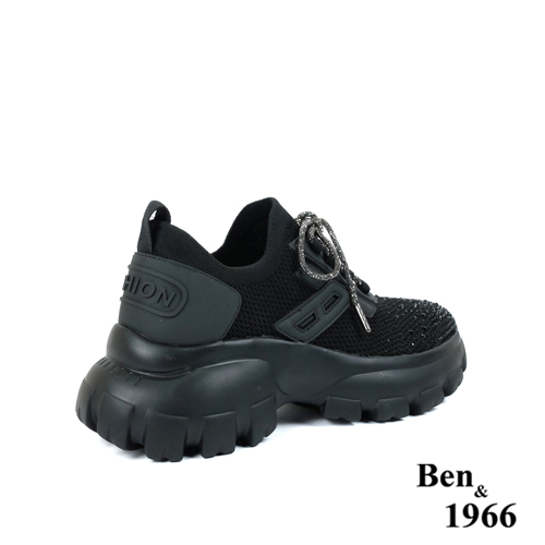 Ben&1966時髦燙鑽飛織布閃亮綁帶厚底休閒鞋-黑(236221)