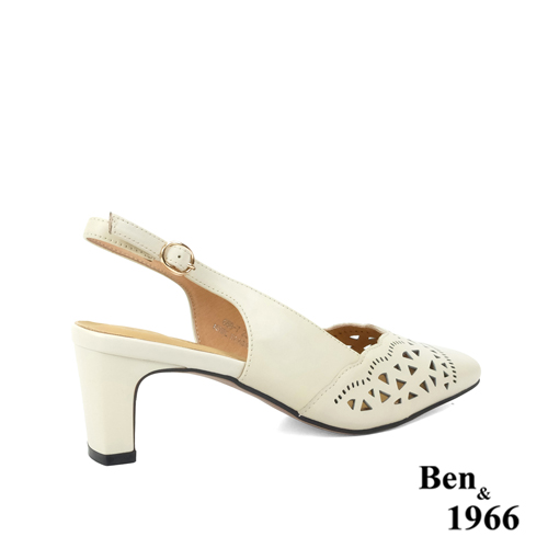 Ben&1966高級頭層牛皮時尚沖孔高跟鞋-米白(236252)