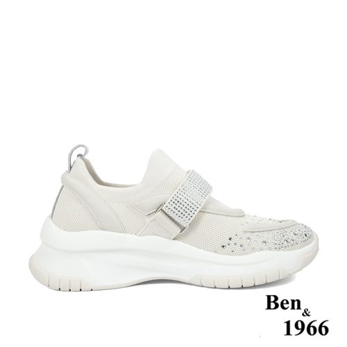 Ben&1966流行燙鑽飛織布厚底休閒鞋-米白(236212)