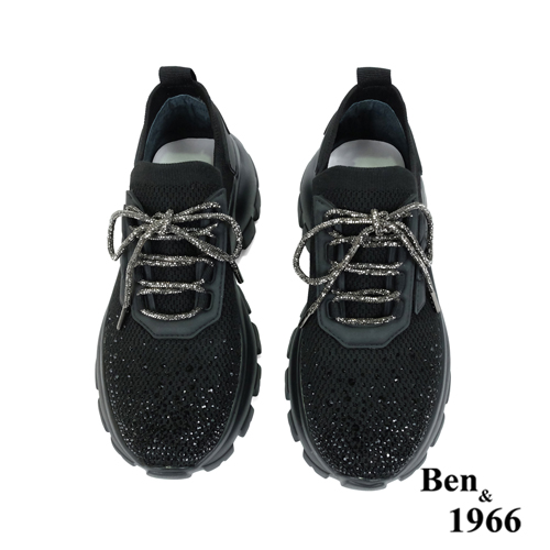 Ben&1966時髦燙鑽飛織布閃亮綁帶厚底休閒鞋-黑(236221)