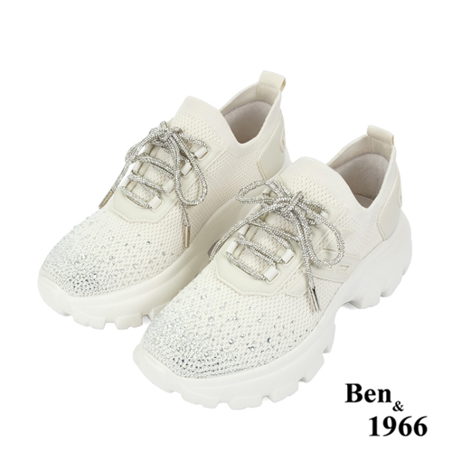 Ben&1966時髦燙鑽飛織布閃亮綁帶厚底休閒鞋-米白(236222)
