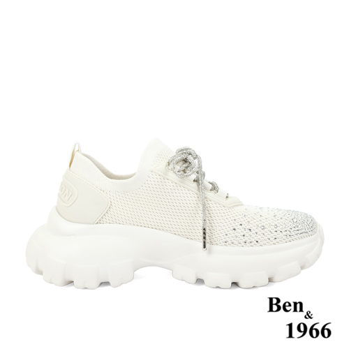 Ben&1966時髦燙鑽飛織布閃亮綁帶厚底休閒鞋-米白(236222)