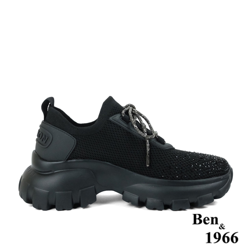 Ben&1966時髦燙鑽飛織布閃亮綁帶厚底休閒鞋-黑(236221)