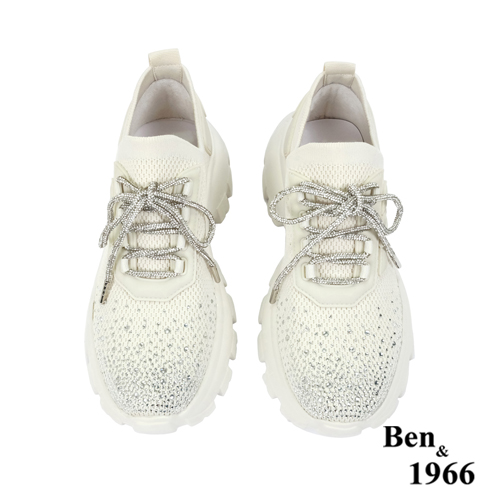 Ben&1966時髦燙鑽飛織布閃亮綁帶厚底休閒鞋-米白(236222)
