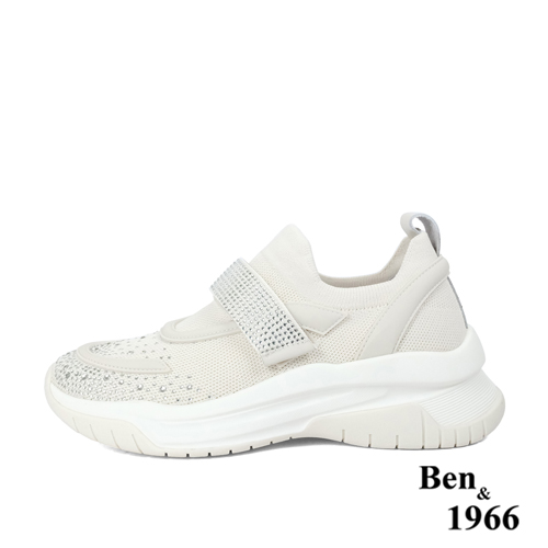 Ben&1966流行燙鑽飛織布厚底休閒鞋-米白(236212)