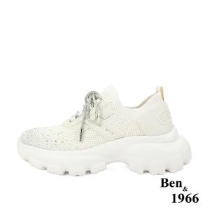 Ben&1966時髦燙鑽飛織布閃亮綁帶厚底休閒鞋-米白(236222)