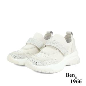 Ben&1966流行燙鑽飛織布厚底休閒鞋-米白(236212)