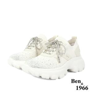 Ben&1966時髦燙鑽飛織布閃亮綁帶厚底休閒鞋-米白(236222)