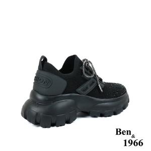 Ben&1966時髦燙鑽飛織布閃亮綁帶厚底休閒鞋-黑(236221)